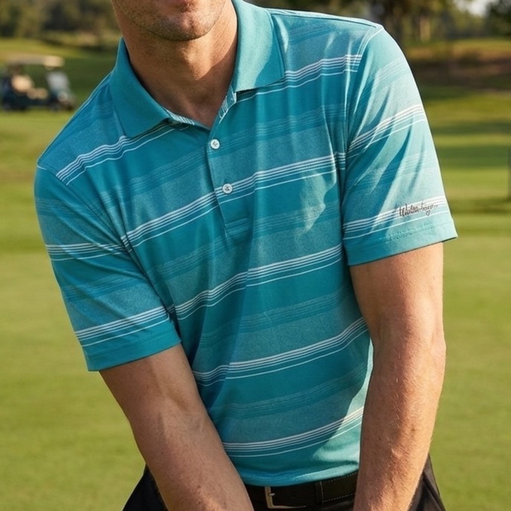 Walter Hagen Polo Shirt Mens Large Teal Blue Striped Golf Performance